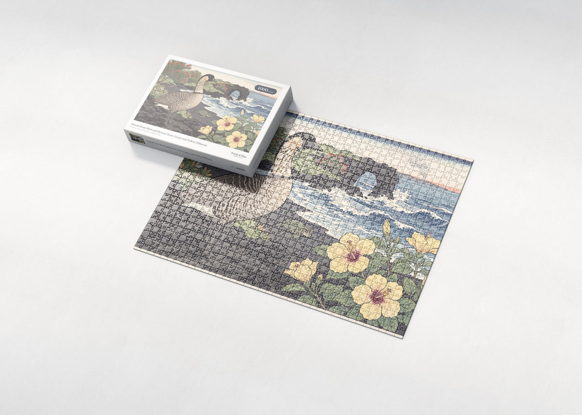 Hawaii State Bird and Flower: Nene Goose and Yellow Hibiscus jigsaw puzzle - box and puzzle