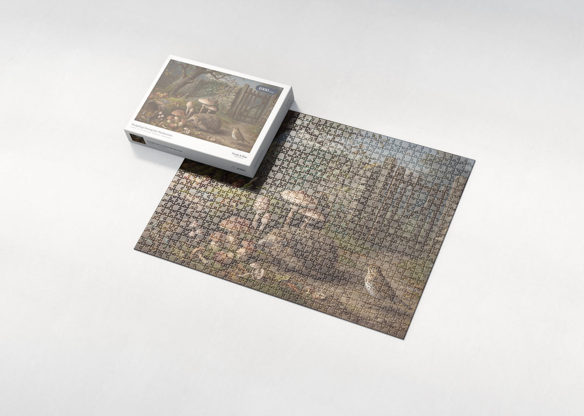 Hedgehog Among the Mushrooms jigsaw puzzle - box and puzzle