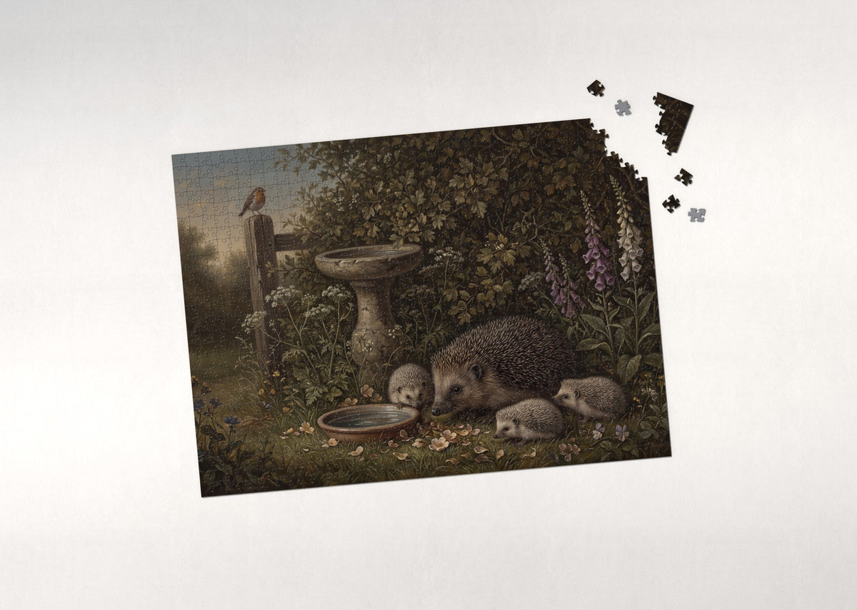 Hedgehog Family at the Hedge jigsaw puzzle - puzzle with loose pieces