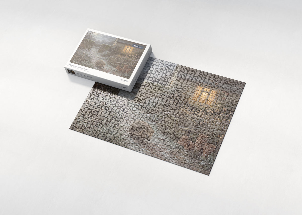 Hedgehog in the Cottage Garden jigsaw puzzle - box and puzzle