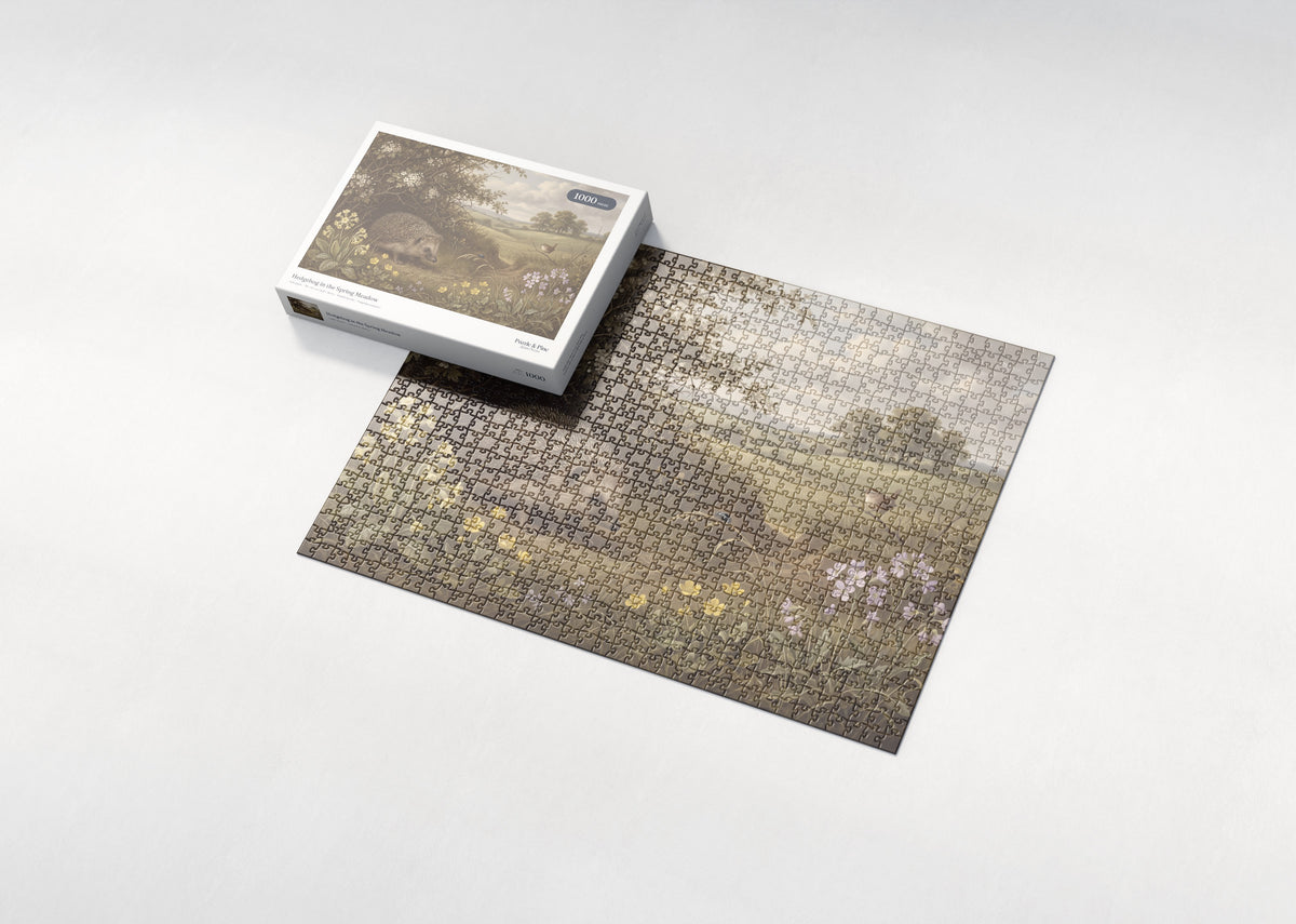 Hedgehog in the Spring Meadow jigsaw puzzle - box and puzzle