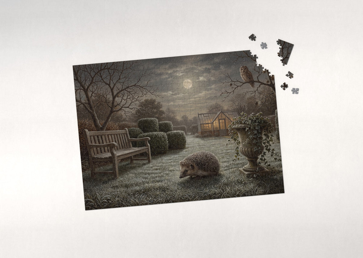Hedgehog Under the Moonlit Garden jigsaw puzzle - puzzle with loose pieces