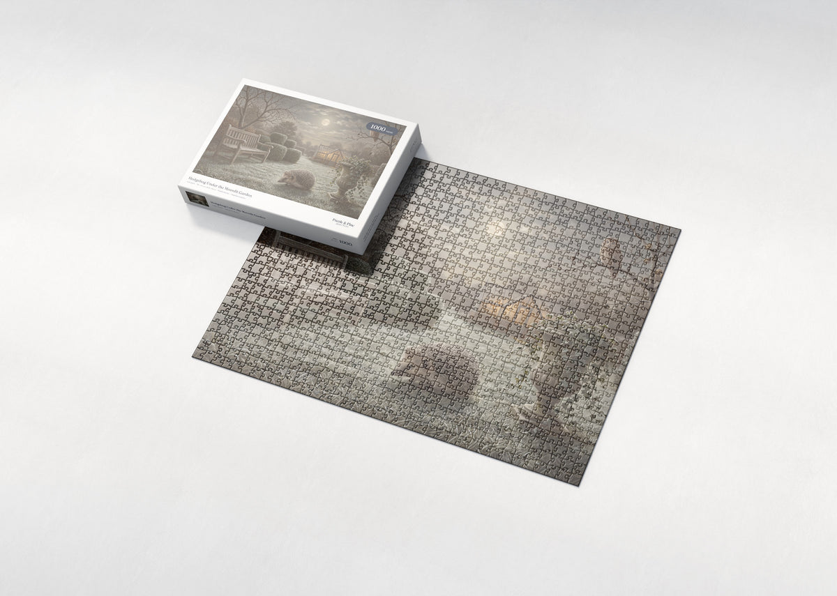 Hedgehog Under the Moonlit Garden jigsaw puzzle - box and puzzle