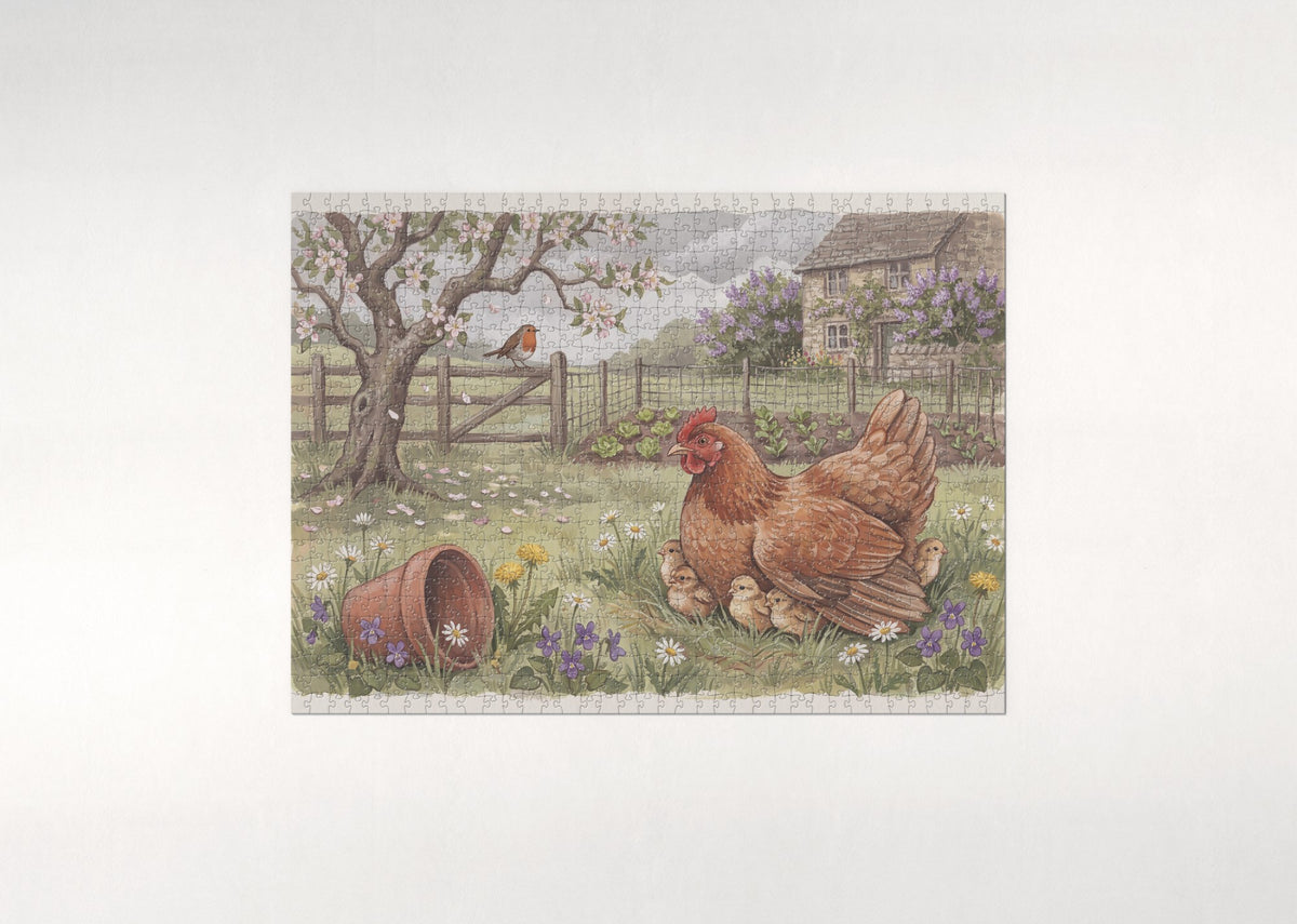 Hen with Her Chicks in the Spring Grass jigsaw puzzle - flat puzzle