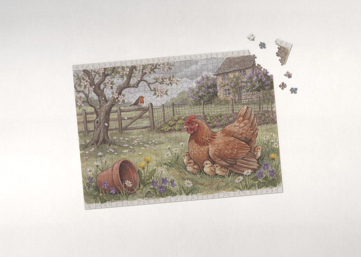 Hen with Her Chicks in the Spring Grass jigsaw puzzle - puzzle with loose pieces