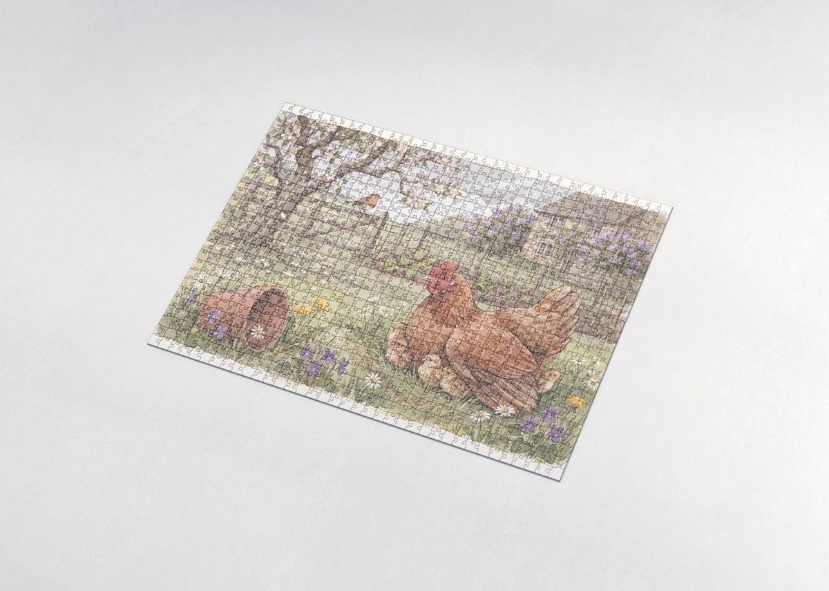 Hen with Her Chicks in the Spring Grass jigsaw puzzle - assembled puzzle