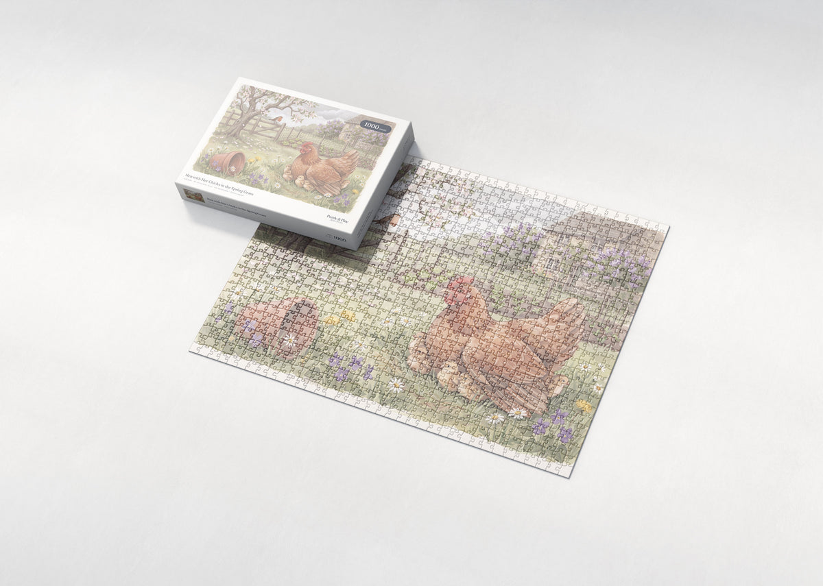 Hen with Her Chicks in the Spring Grass jigsaw puzzle - box and puzzle