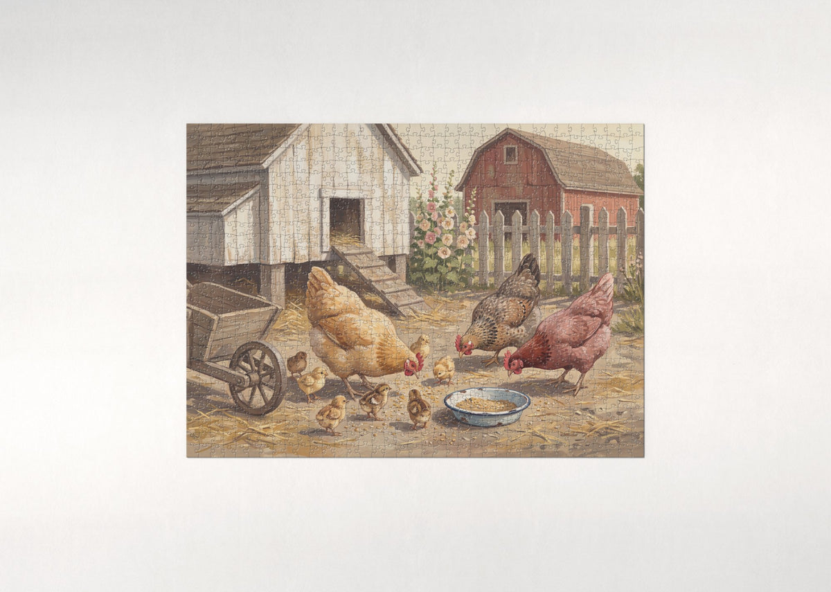 Hens and Chicks in the Farmyard jigsaw puzzle - flat puzzle