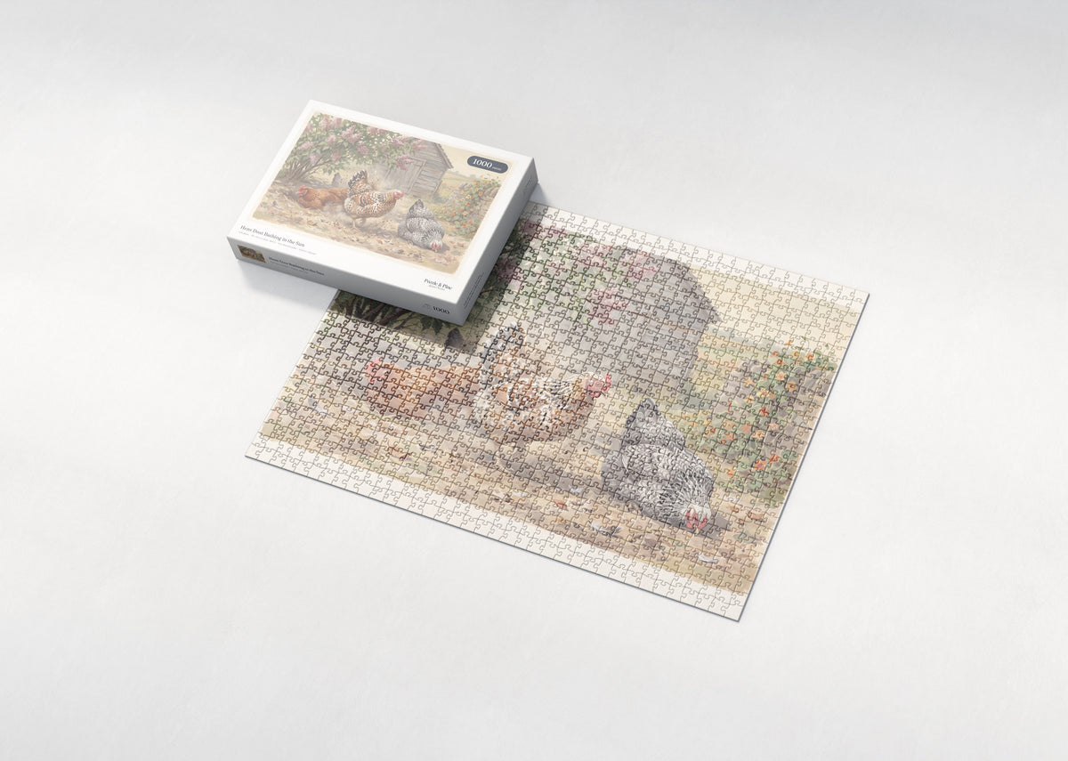 Hens Dust Bathing in the Sun jigsaw puzzle - box and puzzle