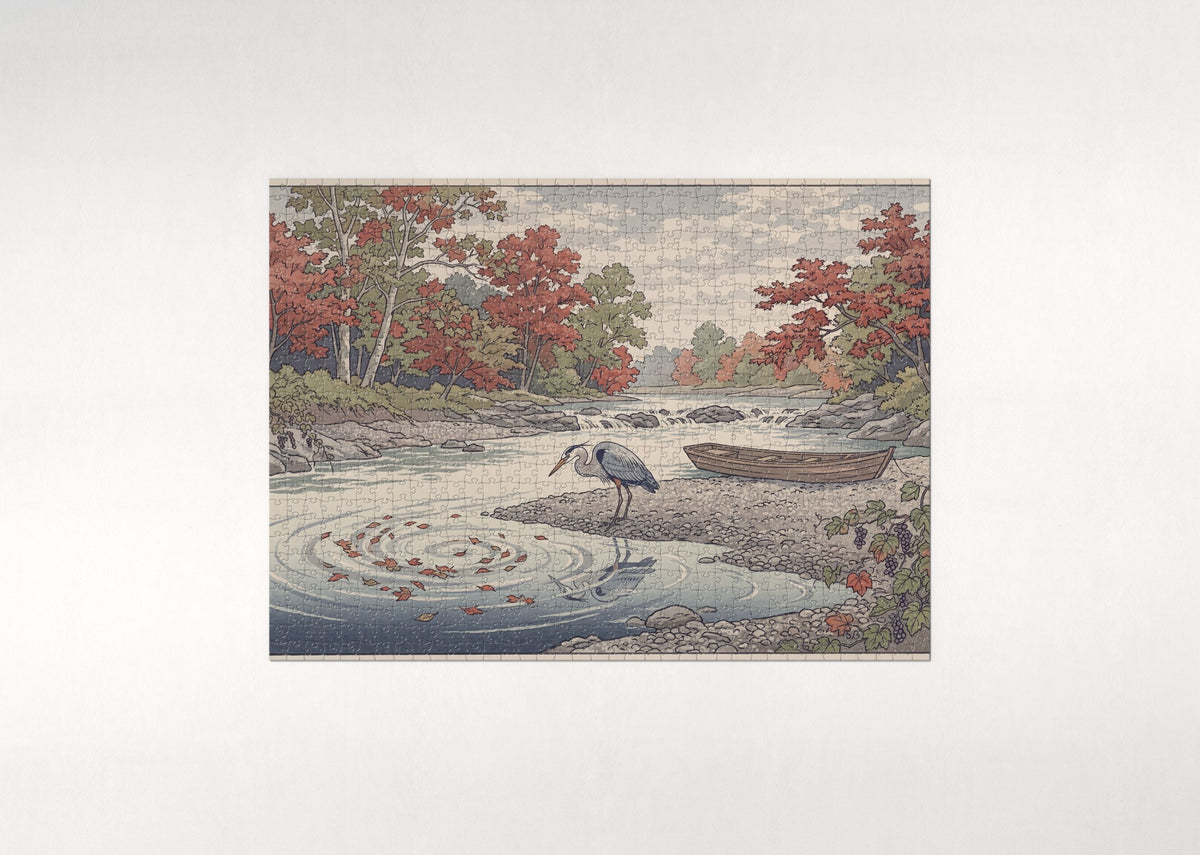 Heron at the Autumn Riverbank jigsaw puzzle - flat puzzle