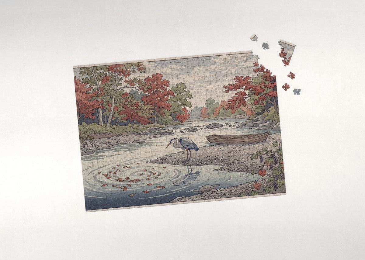 Heron at the Autumn Riverbank jigsaw puzzle - puzzle with loose pieces