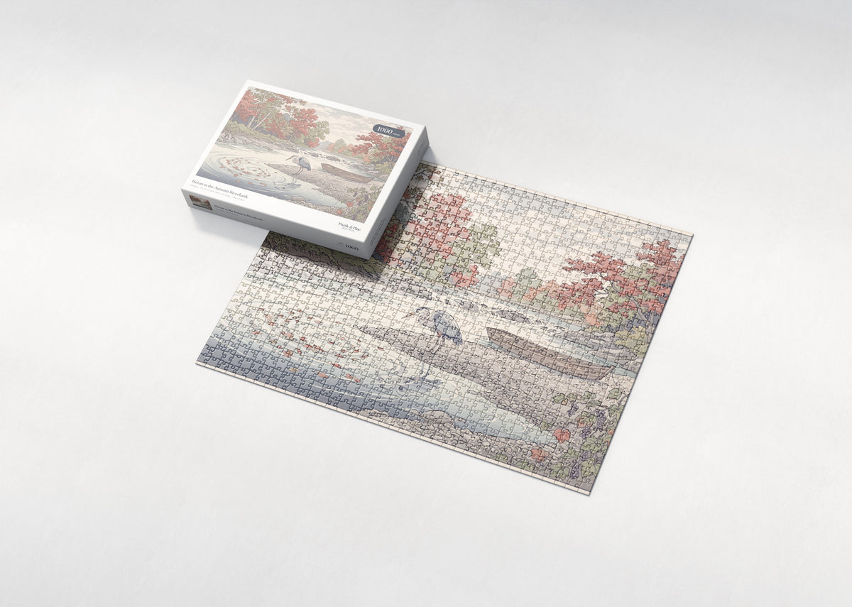 Heron at the Autumn Riverbank jigsaw puzzle - box and puzzle