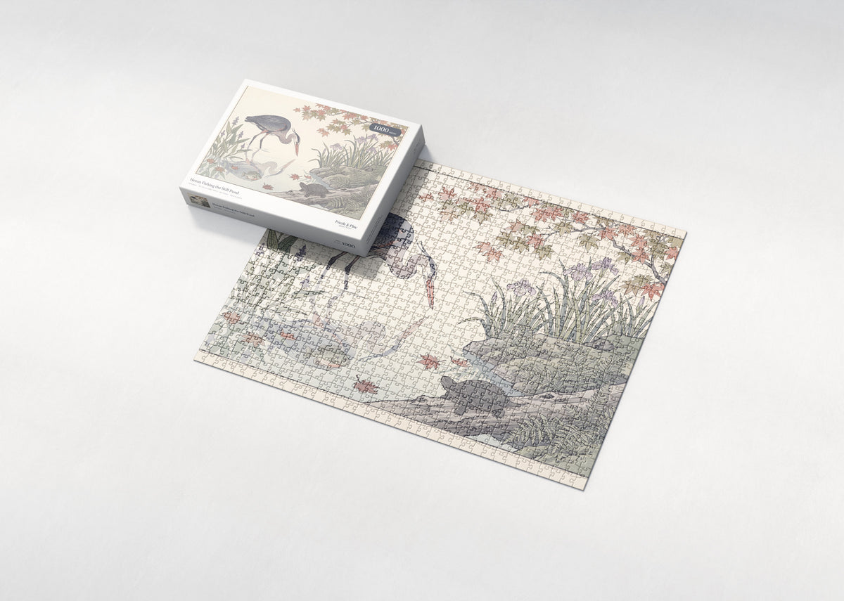 Heron Fishing the Still Pond jigsaw puzzle - box and puzzle
