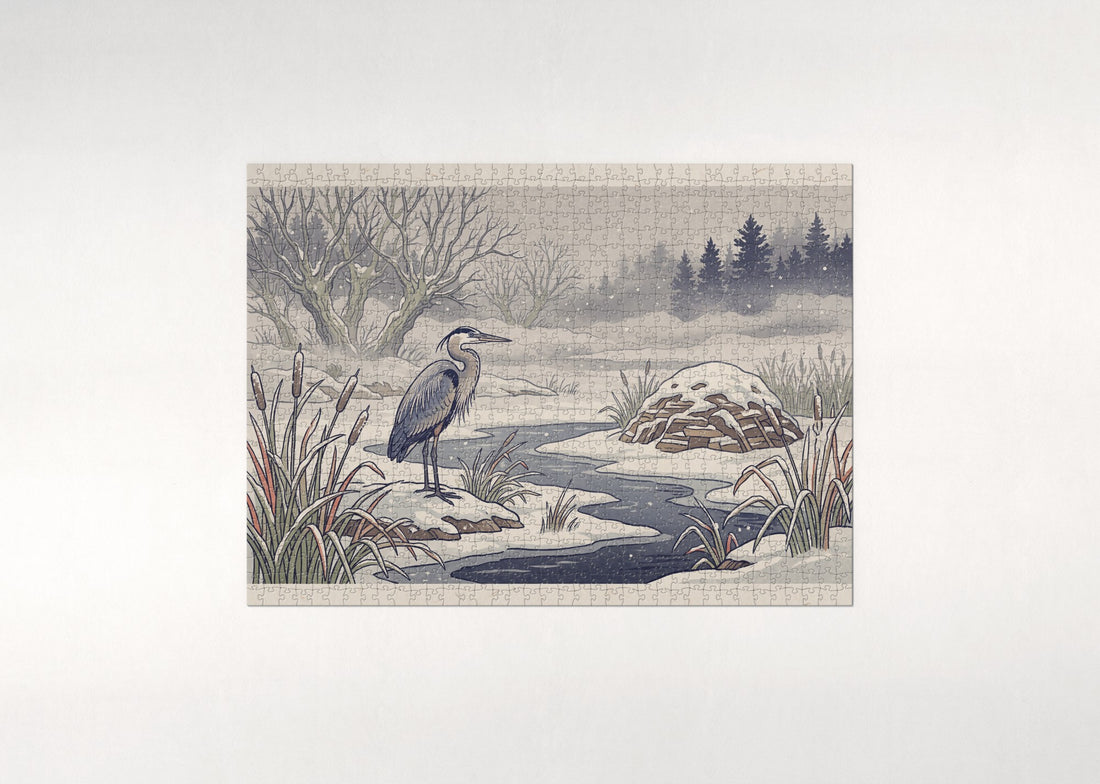 Heron in the Winter Marsh Fog jigsaw puzzle - gift box