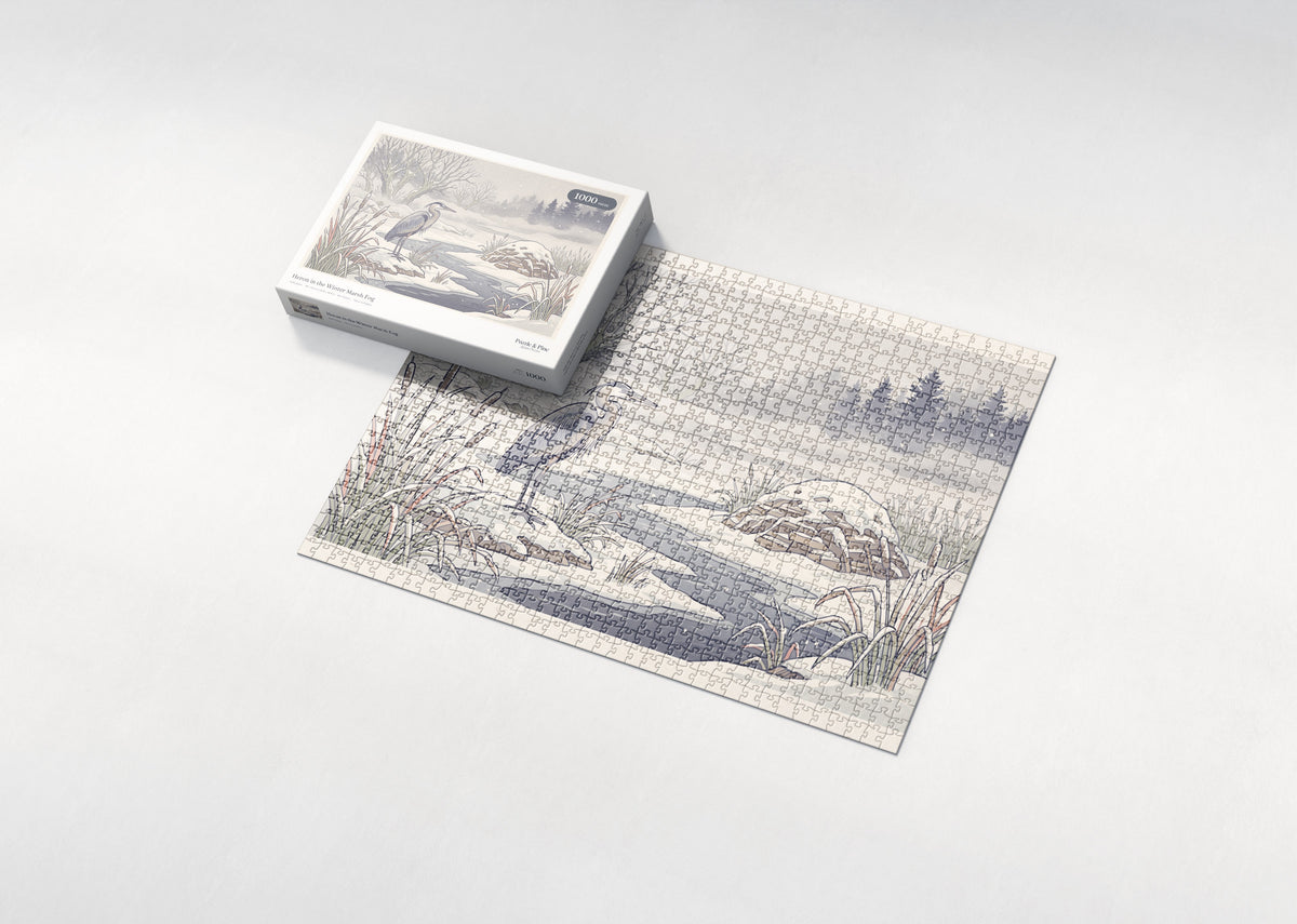 Heron in the Winter Marsh Fog jigsaw puzzle - box and puzzle