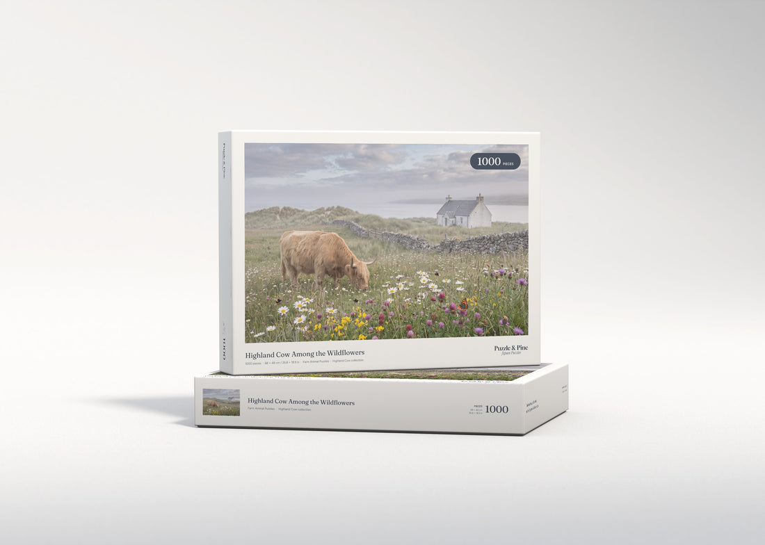 Highland Cow Among the Wildflowers jigsaw puzzle - gift box