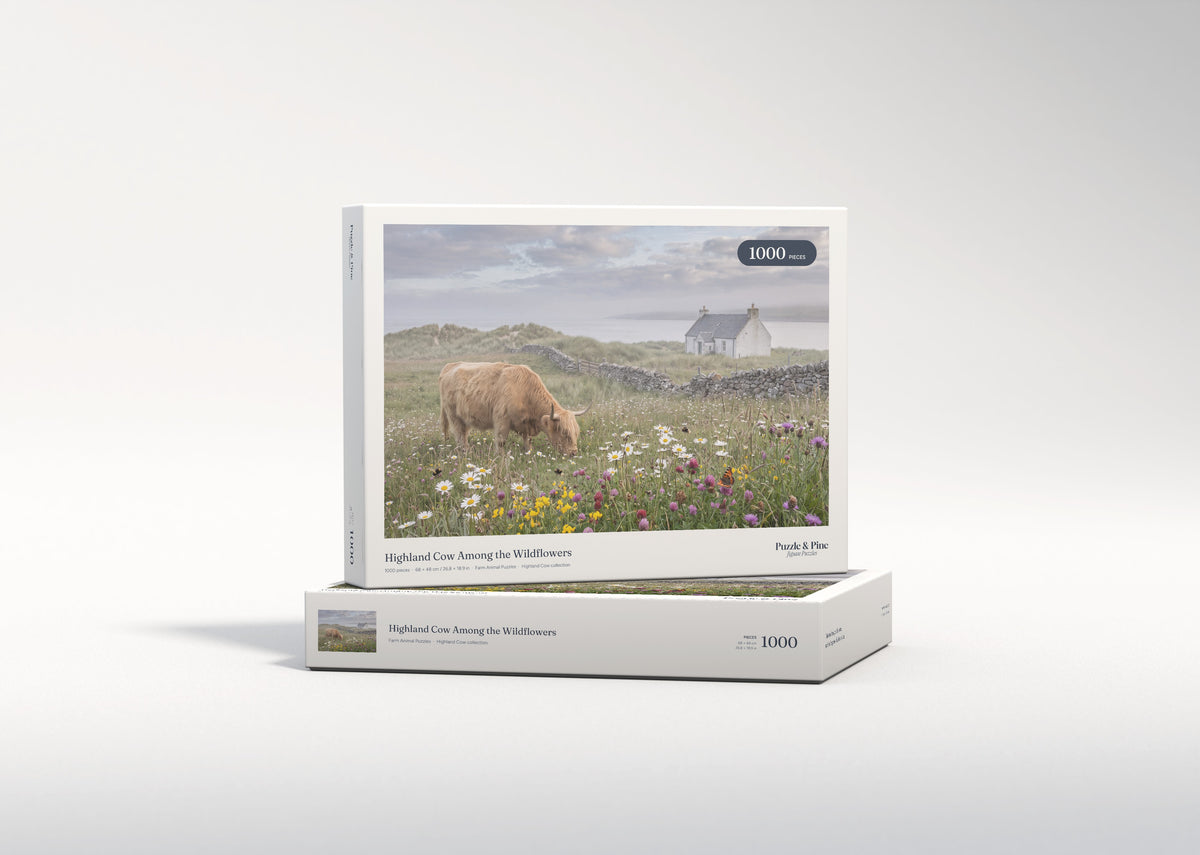 Highland Cow Among the Wildflowers jigsaw puzzle - gift box