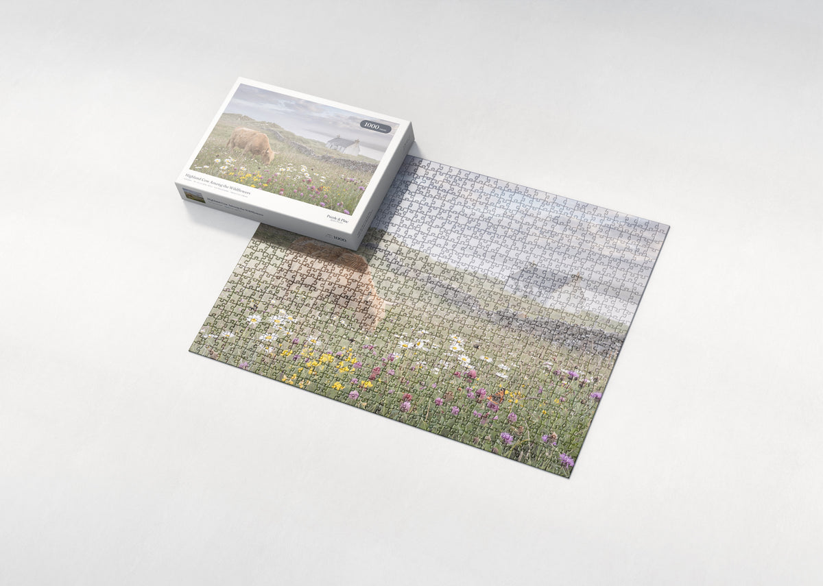 Highland Cow Among the Wildflowers jigsaw puzzle - box and puzzle