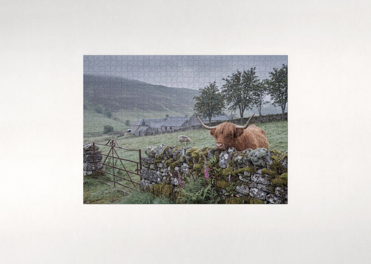 Highland Cow at the Stone Wall jigsaw puzzle - flat puzzle
