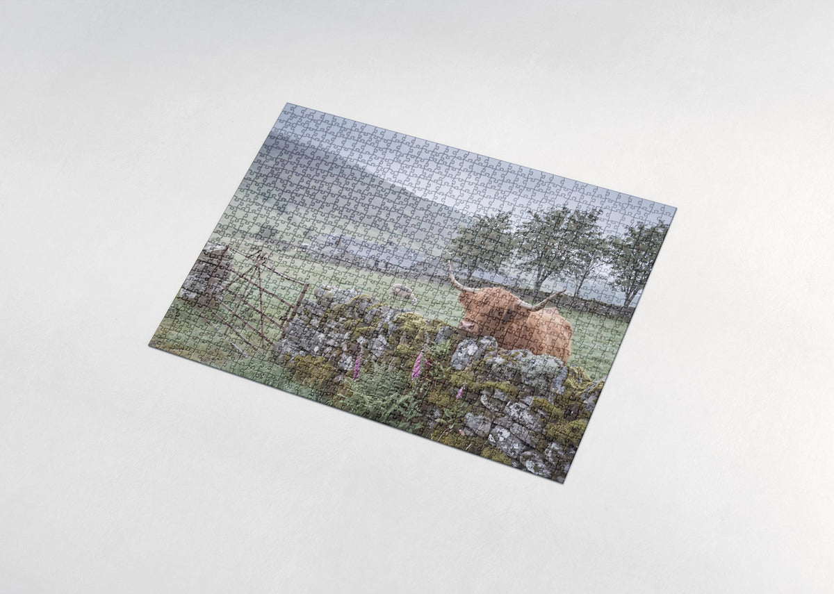 Highland Cow at the Stone Wall jigsaw puzzle - assembled puzzle