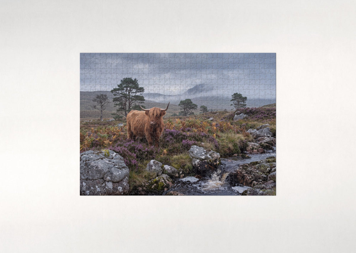 Highland Cow in the Heather jigsaw puzzle - flat puzzle
