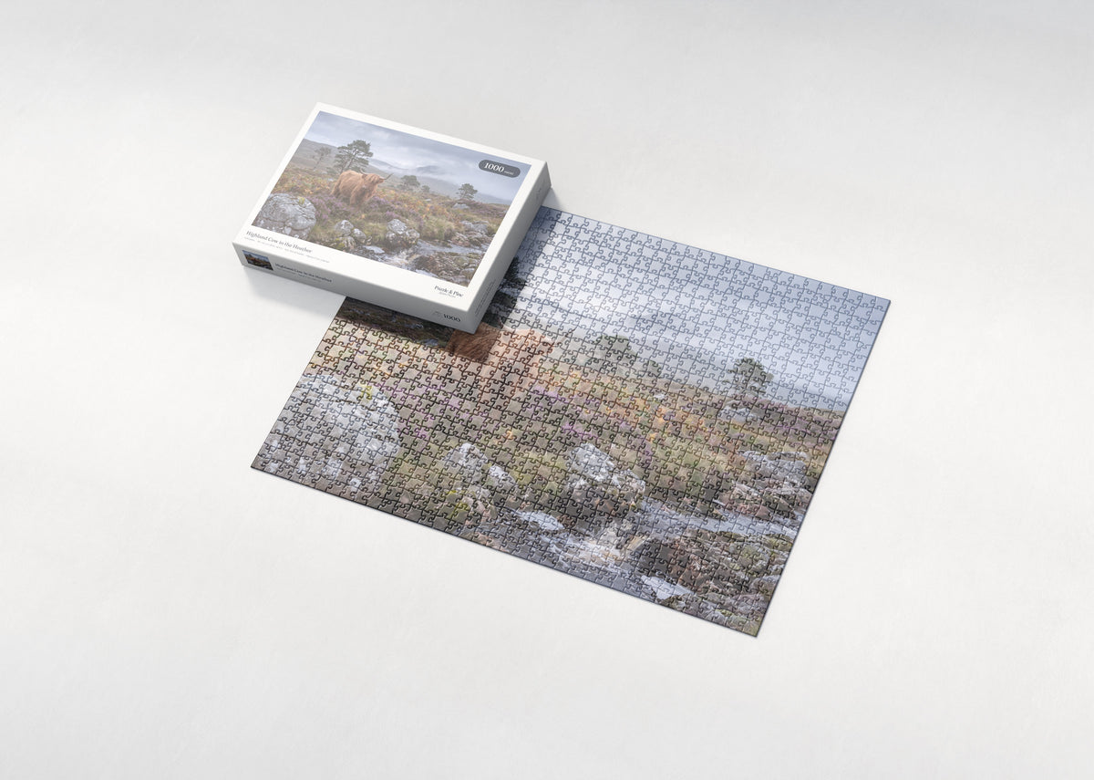 Highland Cow in the Heather jigsaw puzzle - box and puzzle