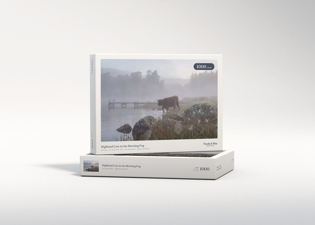 Highland Cow in the Morning Fog jigsaw puzzle - gift box