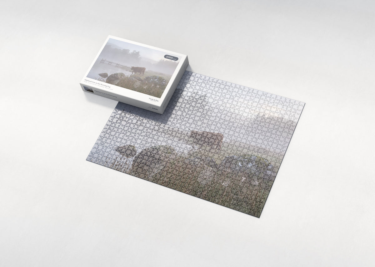 Highland Cow in the Morning Fog jigsaw puzzle - box and puzzle