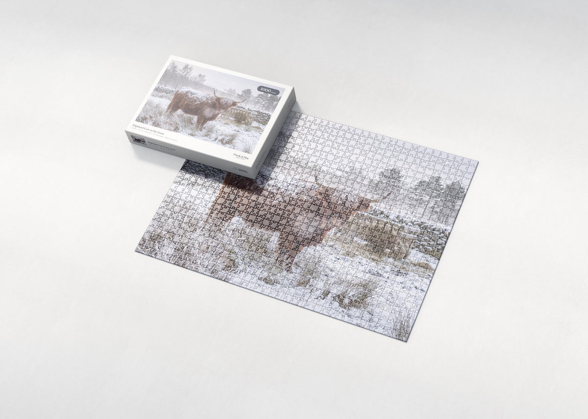 Highland Cow in the Snow jigsaw puzzle - box and puzzle