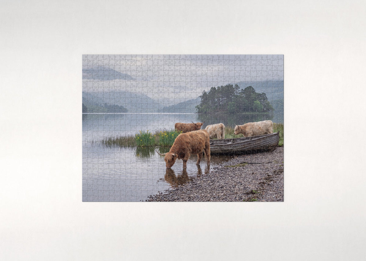 Highland Cows at the Loch Shore jigsaw puzzle - flat puzzle