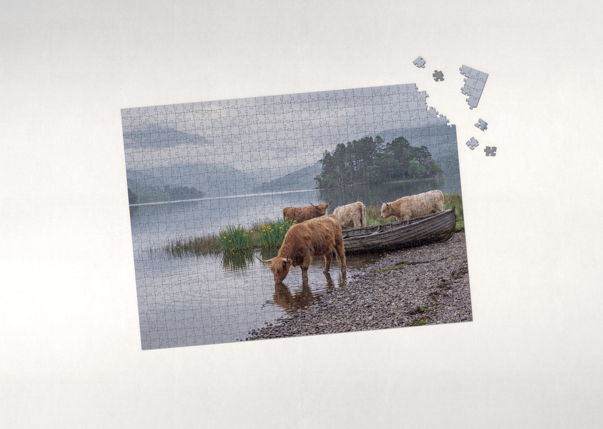 Highland Cows at the Loch Shore jigsaw puzzle - puzzle with loose pieces