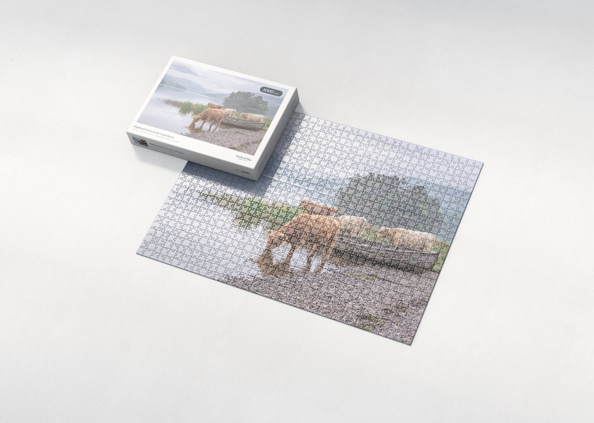 Highland Cows at the Loch Shore jigsaw puzzle - box and puzzle