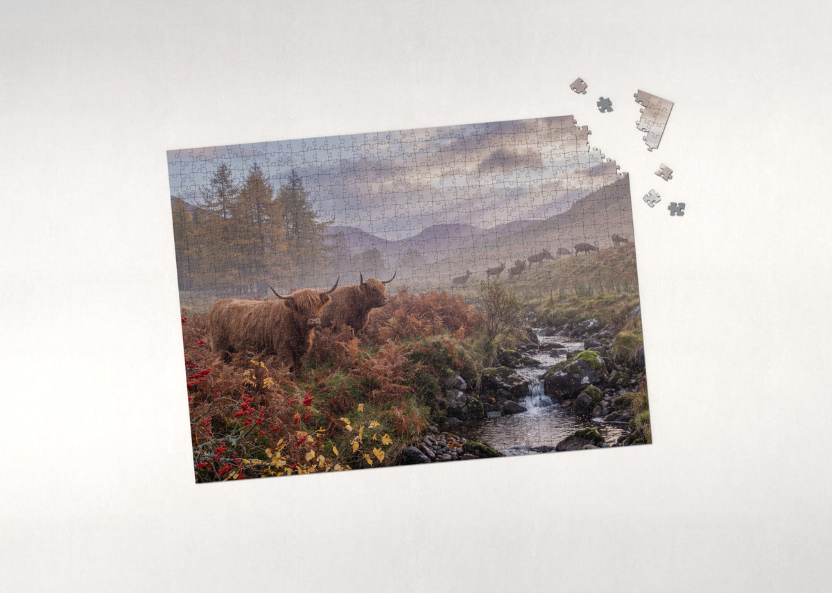 Highland Cows in the Autumn Bracken jigsaw puzzle - puzzle with loose pieces