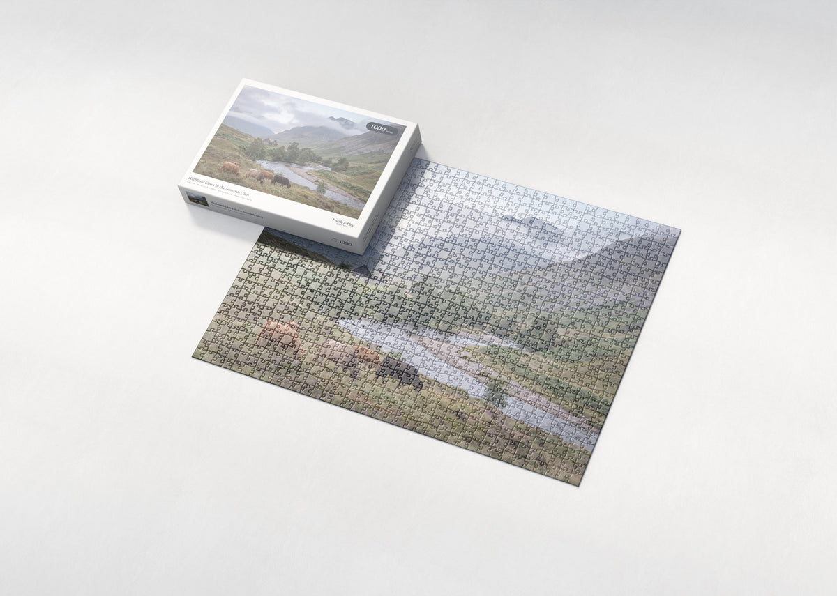 Highland Cows in the Scottish Glen jigsaw puzzle - box and puzzle