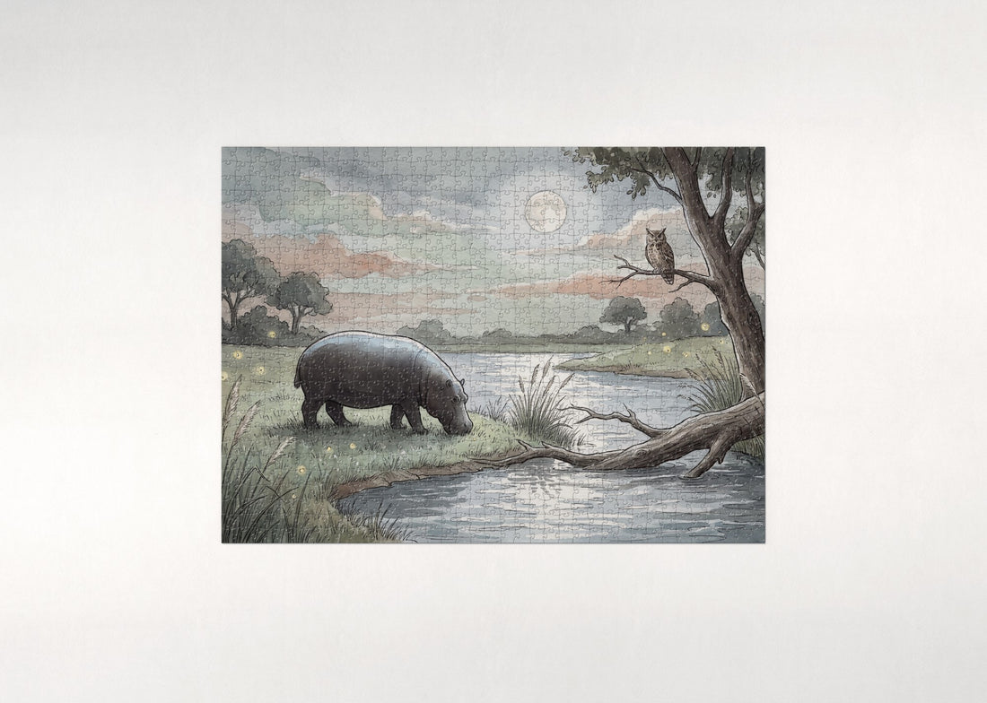 Hippo Grazing on the Moonlit Bank jigsaw puzzle - gift box