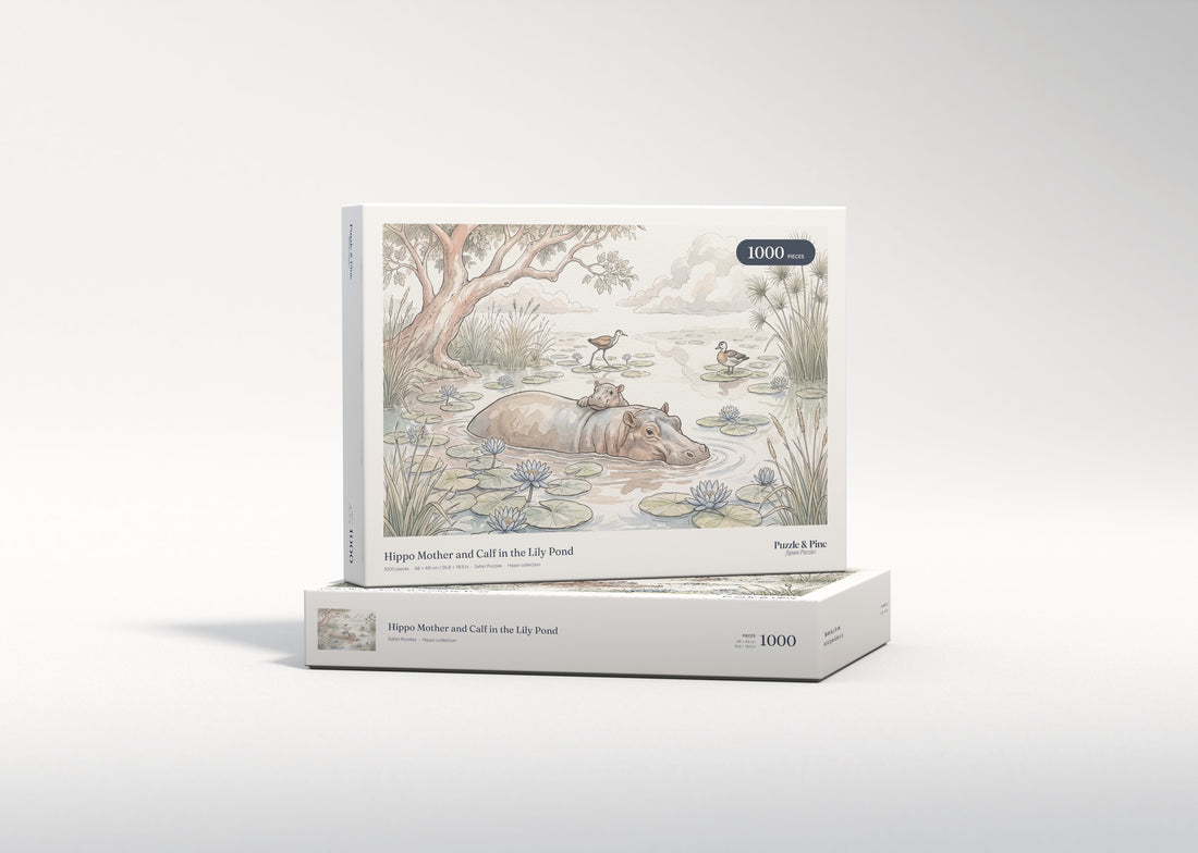 Hippo Mother and Calf in the Lily Pond jigsaw puzzle - gift box