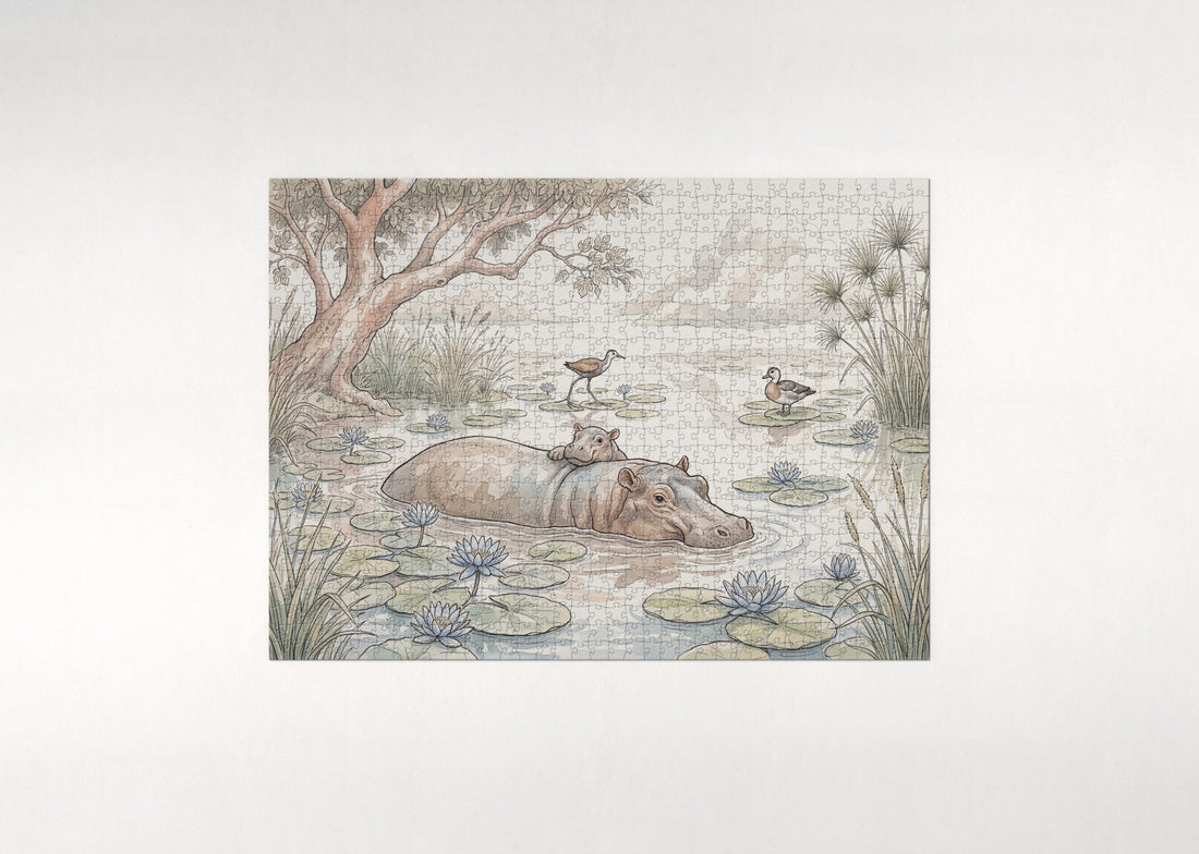 Hippo Mother and Calf in the Lily Pond jigsaw puzzle - gift box