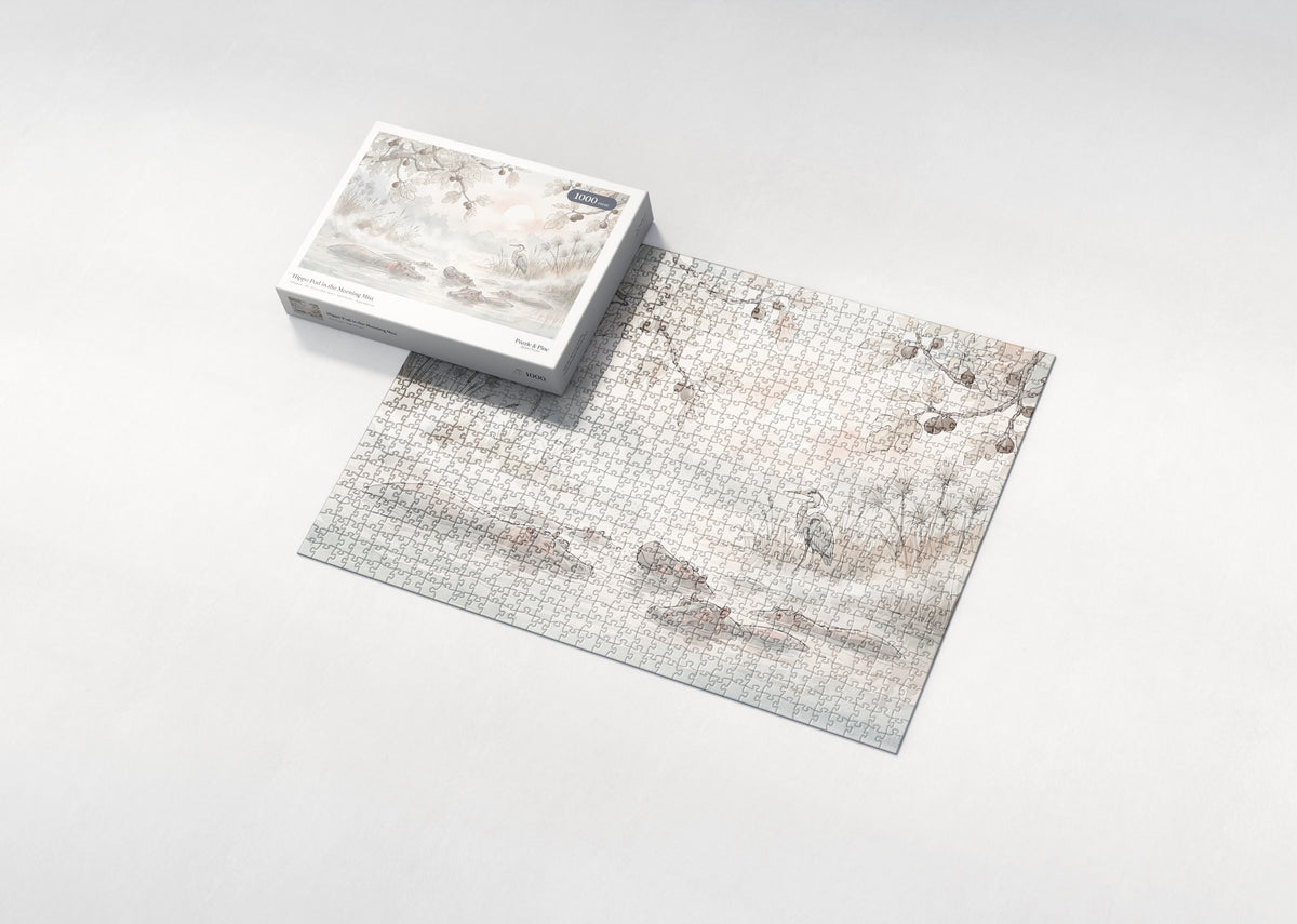 Hippo Pod in the Morning Mist jigsaw puzzle - box and puzzle