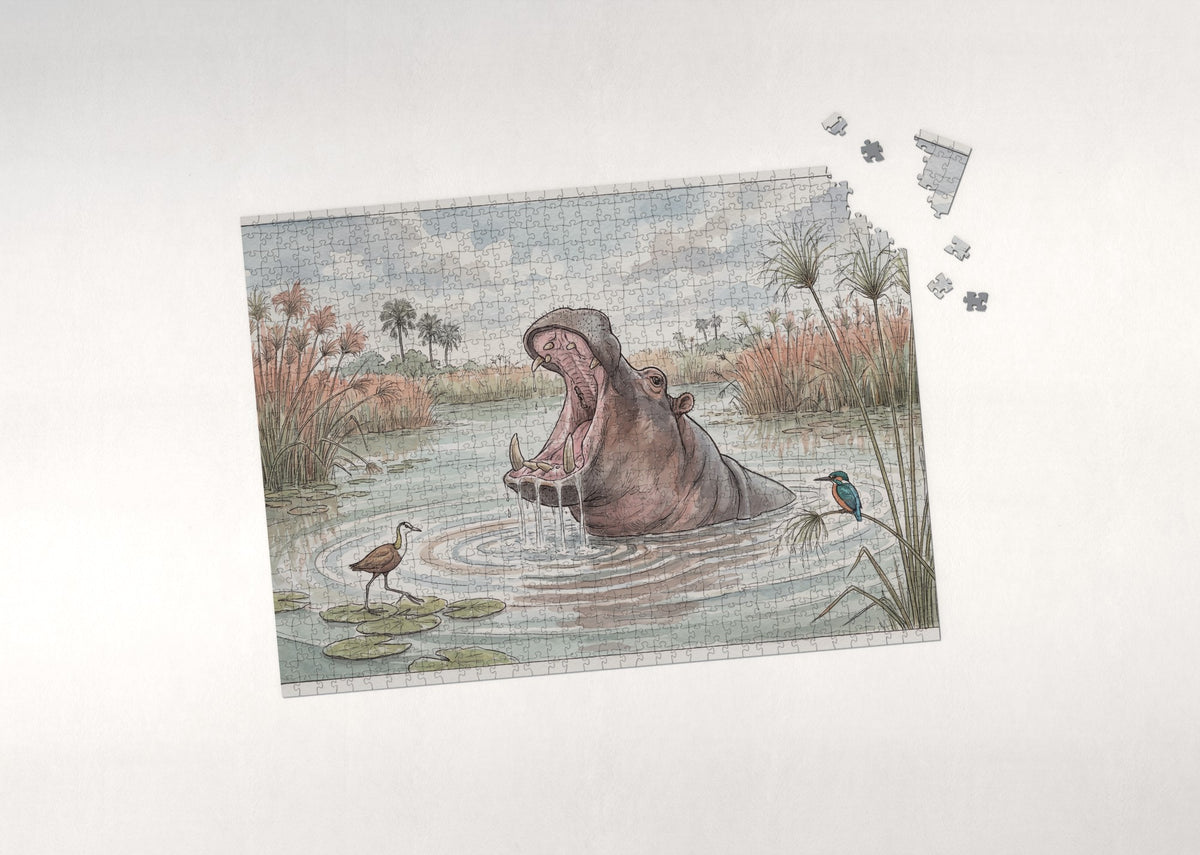 Hippo Yawning at the Lagoon jigsaw puzzle - puzzle with loose pieces