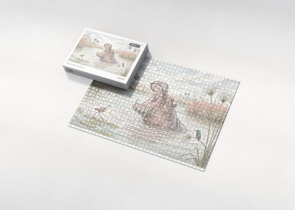 Hippo Yawning at the Lagoon jigsaw puzzle - box and puzzle
