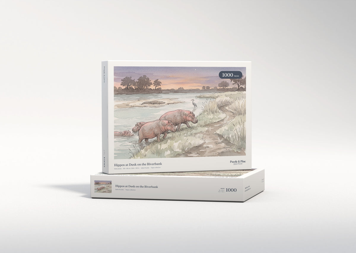 Hippos at Dusk on the Riverbank jigsaw puzzle - gift box