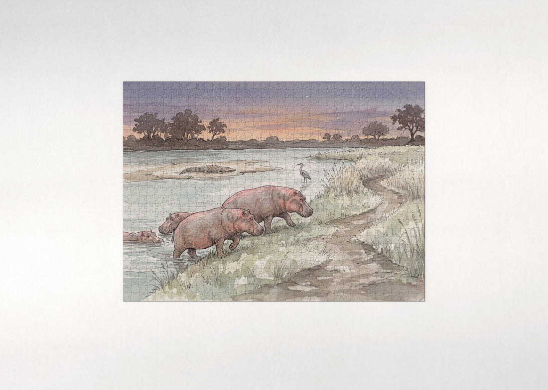 Hippos at Dusk on the Riverbank jigsaw puzzle - gift box