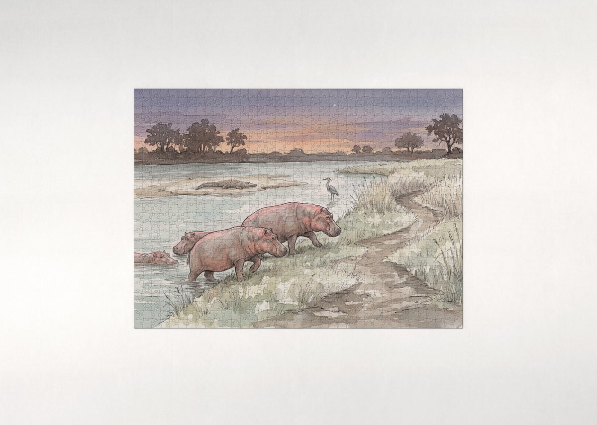 Hippos at Dusk on the Riverbank jigsaw puzzle - flat puzzle