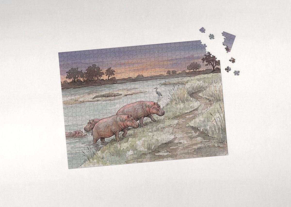 Hippos at Dusk on the Riverbank jigsaw puzzle - puzzle with loose pieces