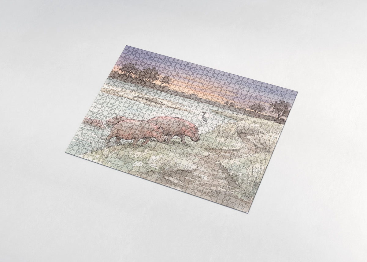 Hippos at Dusk on the Riverbank jigsaw puzzle - assembled puzzle