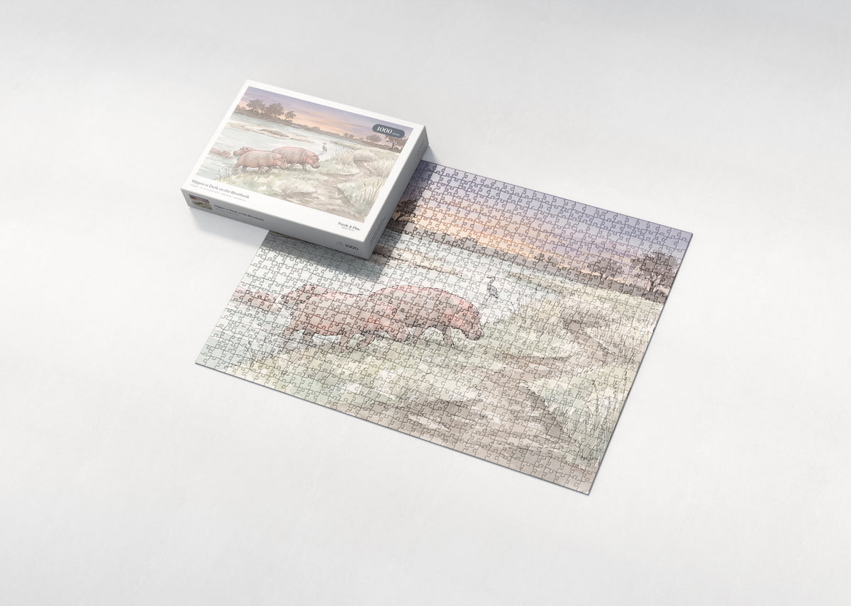 Hippos at Dusk on the Riverbank jigsaw puzzle - box and puzzle