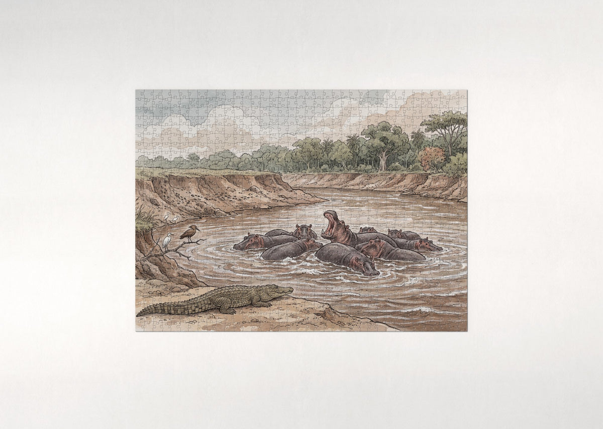 Hippos in the Mara River jigsaw puzzle - flat puzzle