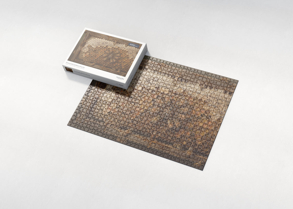 Honeycomb and Bees Close Up jigsaw puzzle - box and puzzle