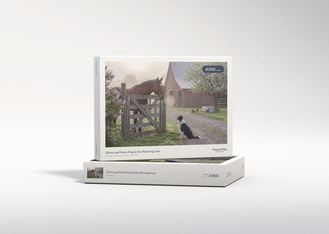 Horse and Farm Dog at the Morning Gate jigsaw puzzle - gift box