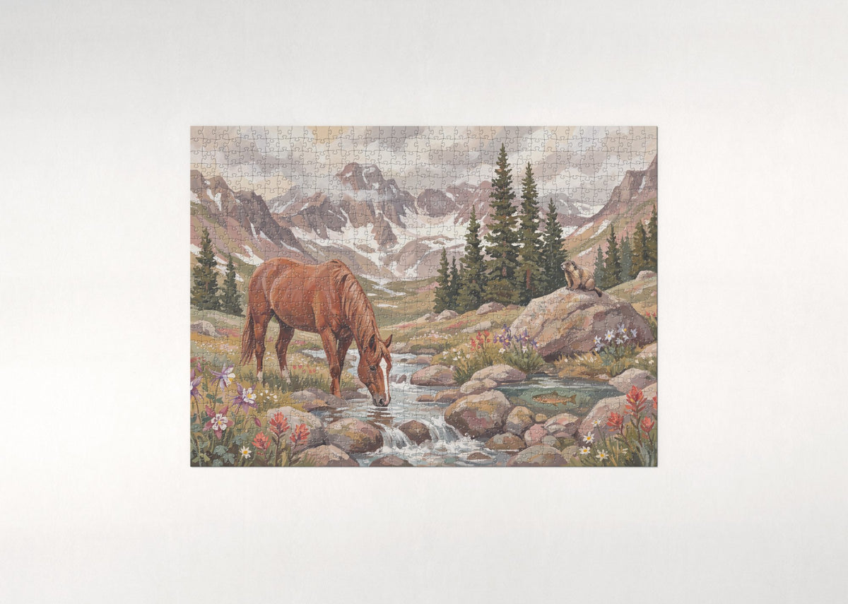 Horse Drinking at the Mountain Stream jigsaw puzzle - flat puzzle